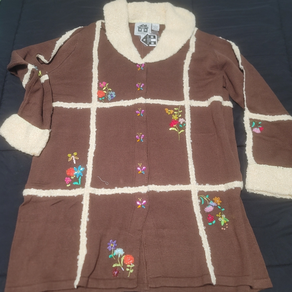 Storybook Knits NWT Brown Ornate Sweater Coat Button Up Butterfly Flowers XL
